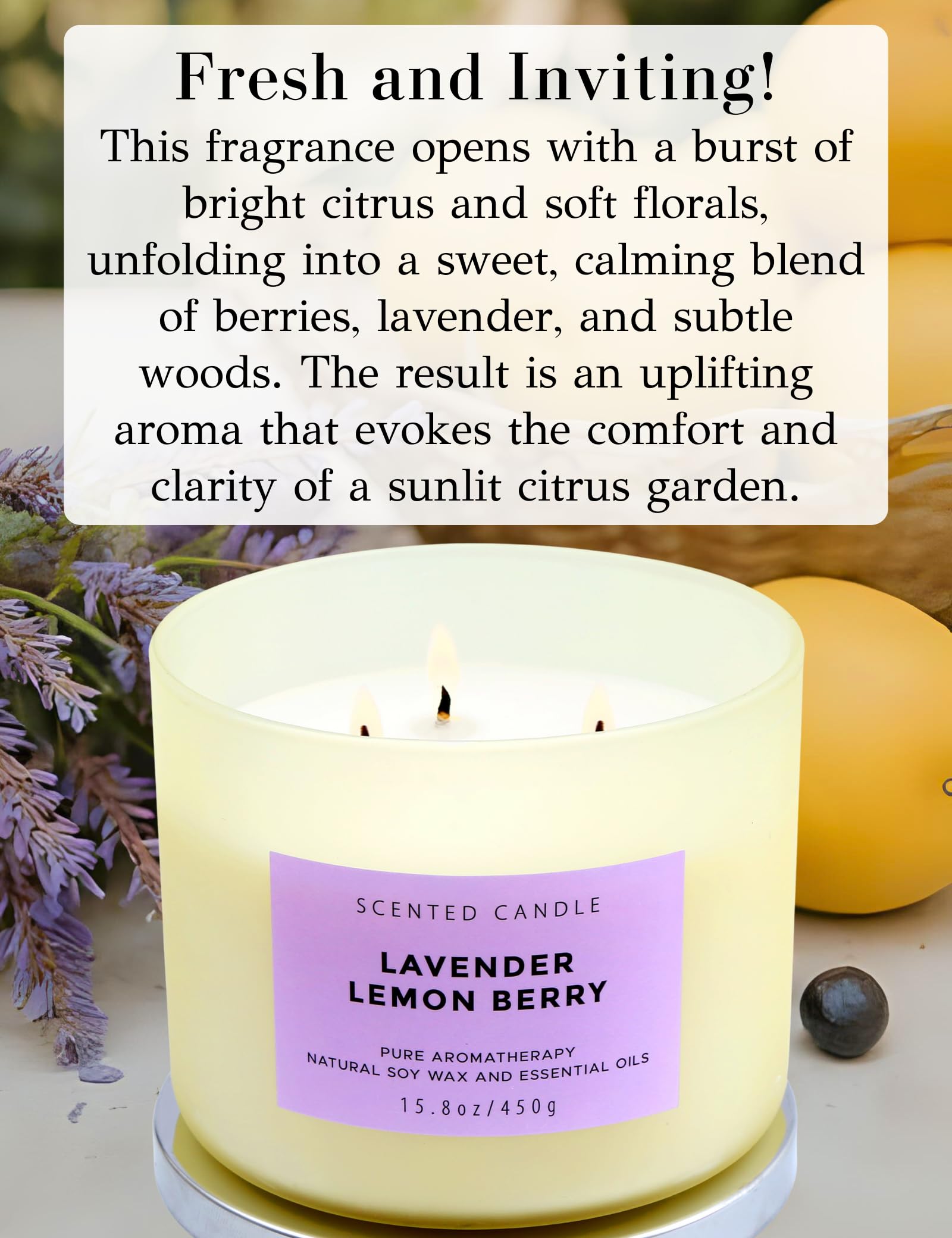 Large Aromatherapy Lemon Lavender 3 Wick Candle  Highly Scented Purple Jar Candles  Relaxing Lavender Candles for Home 15.8 oz